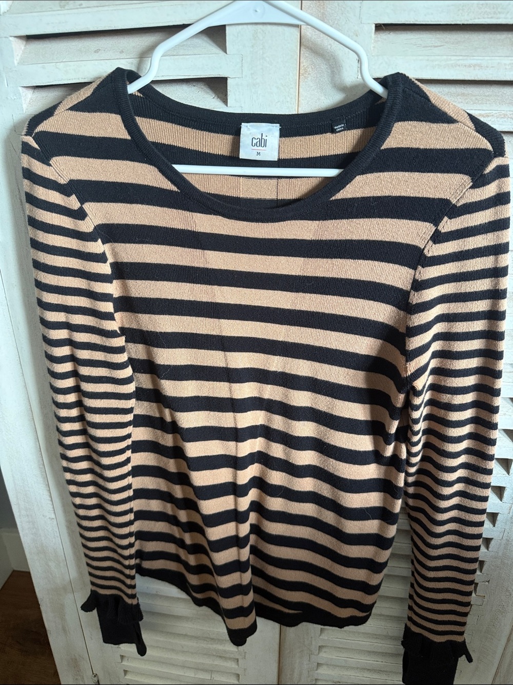 CAbi Black and Tan Striped Crew Neck Sweater